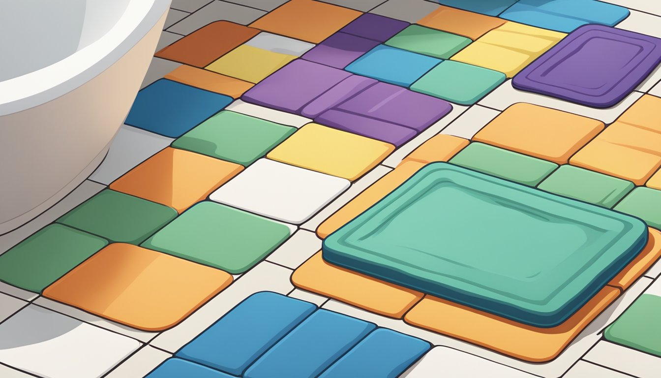 Colorful bathroom mats arranged neatly on the floor with a "Frequently Asked Questions" label