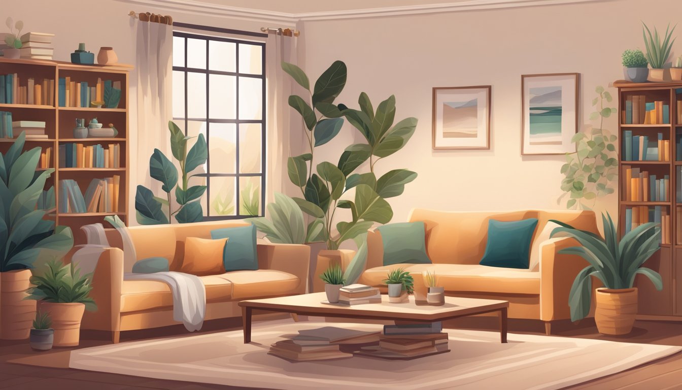 A cozy living room with soft lighting, comfortable furniture, and soothing decor. A bookshelf filled with plants and books, a warm fireplace, and a spacious area for relaxation and entertainment