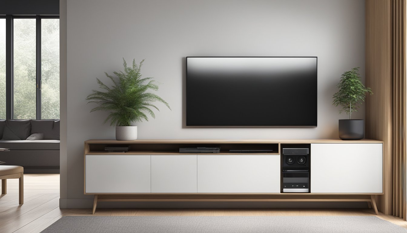 A sleek, modern TV cabinet stands against a white wall, with clean lines and minimalist design. The cabinet features open shelving and hidden storage compartments, creating a stylish and organized space for entertainment equipment