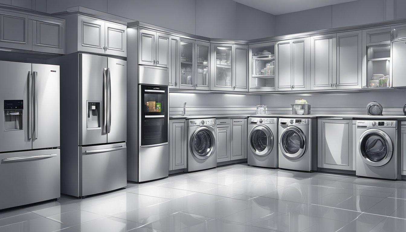 A brightly lit showroom displays top-of-the-line home appliances in Singapore. Shiny refrigerators, sleek stovetops, and state-of-the-art washing machines line the spacious aisles, inviting customers to discover the best in modern convenience
