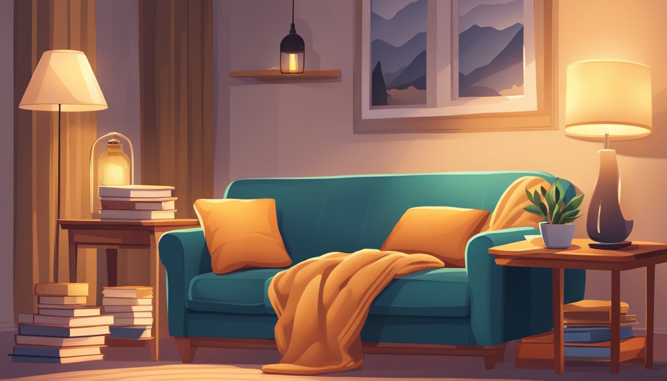 A cozy living room with a comfortable sofa, a warm blanket, and a stack of books. A cup of steaming tea sits on a side table, next to a softly glowing lamp