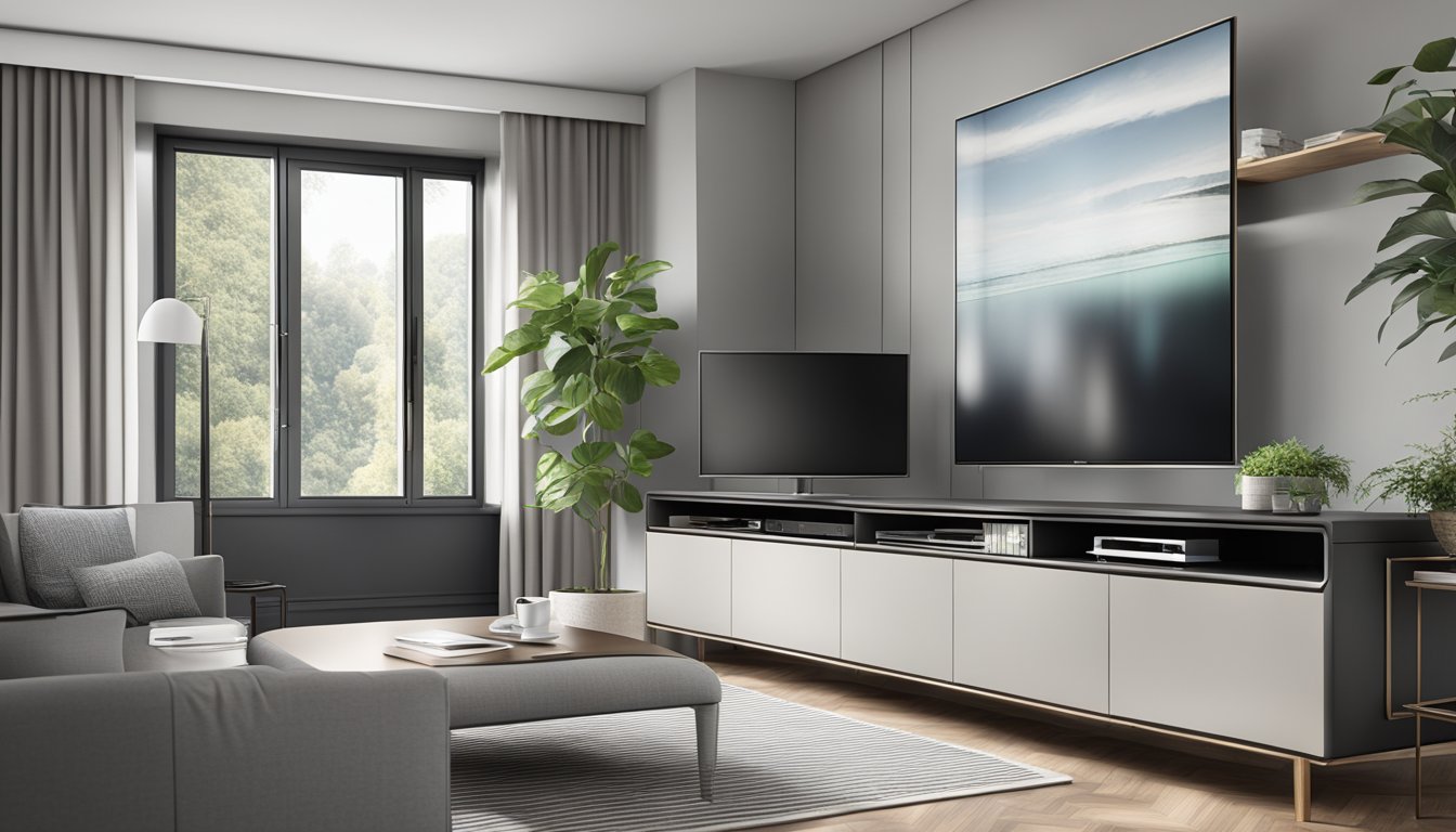 A sleek, modern TV cabinet with adjustable shelves and hidden cable management