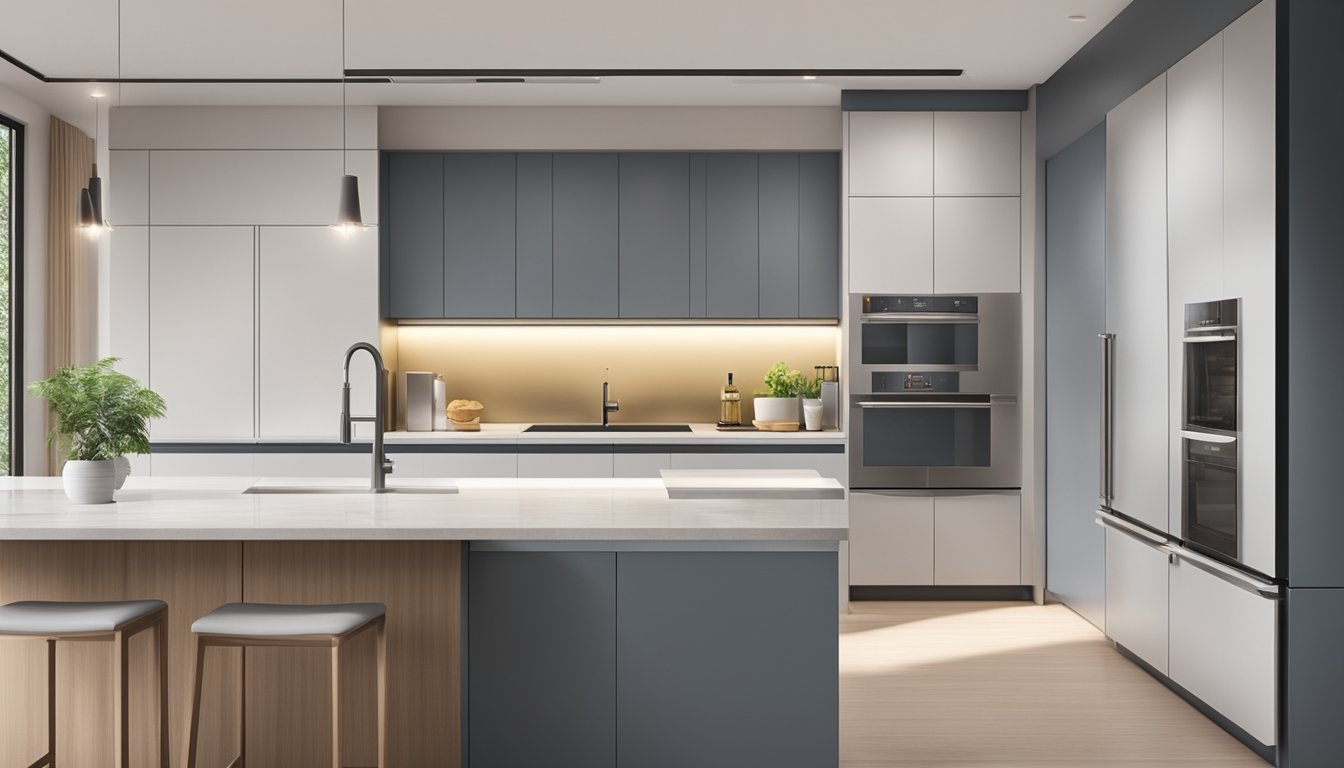 A sleek, modern refrigerator stands in a spacious, well-lit kitchen in Singapore, with a clean and organized interior