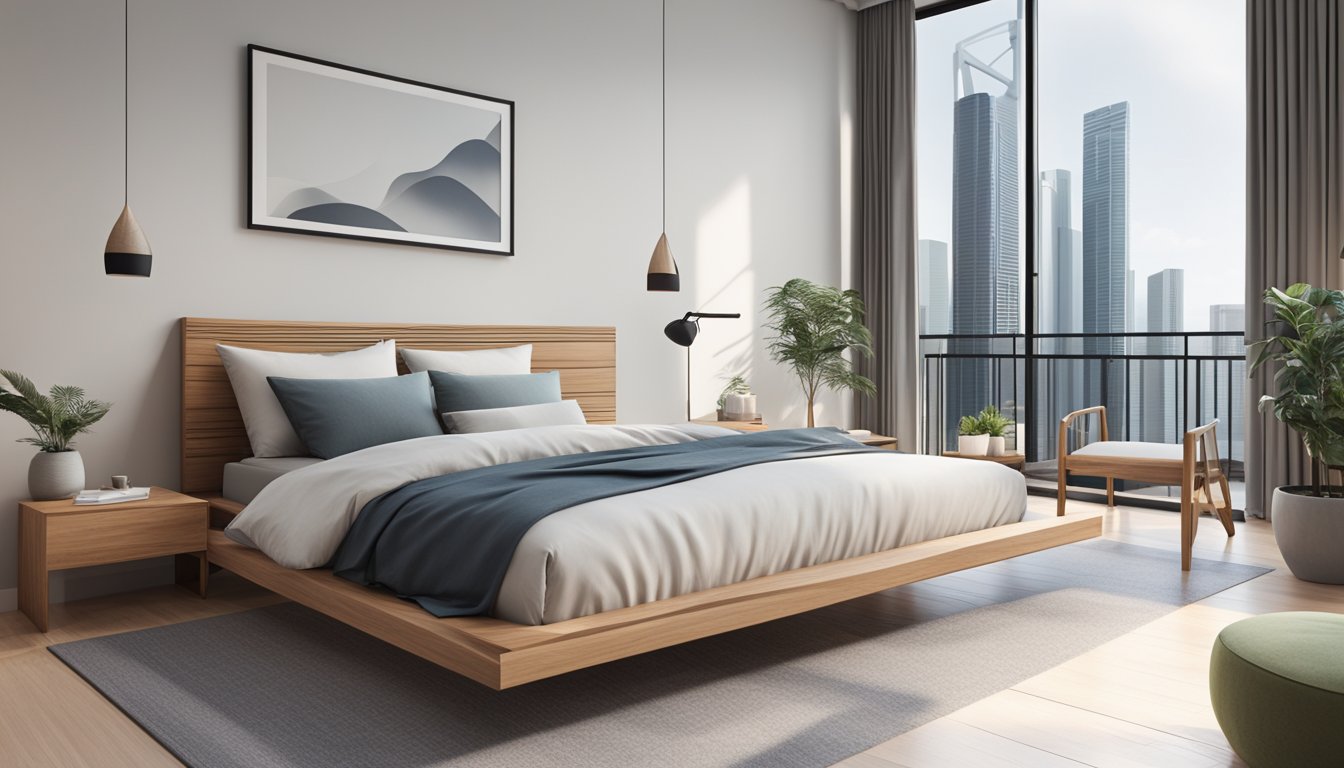 A wooden bed frame stands in a minimalist bedroom, with clean lines and a sleek design, set against a backdrop of modern Singapore architecture
