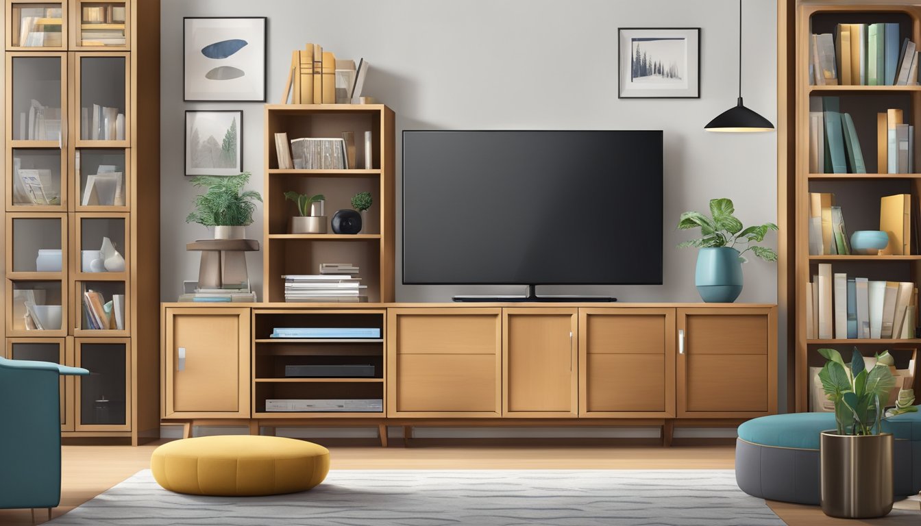 A modern TV cabinet with open shelves and closed compartments, neatly organized with books, electronic devices, and decorative items