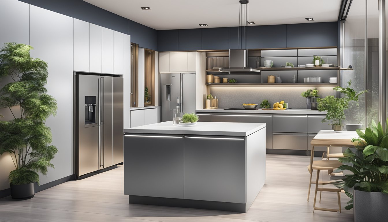 A modern kitchen with sleek, stainless steel refrigerators on display in a Singapore showroom