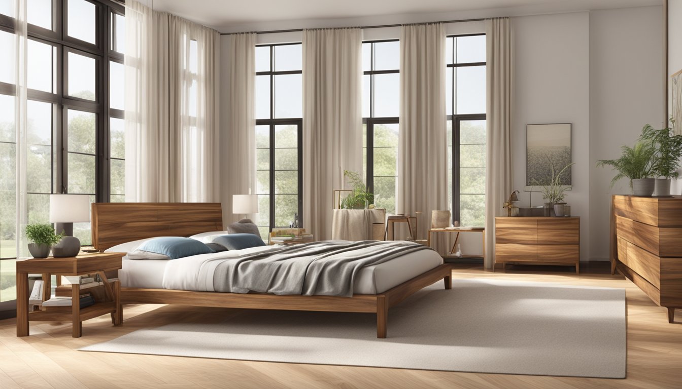 A variety of wooden bed frames displayed in a spacious showroom with natural lighting. Different designs and finishes are showcased, highlighting the craftsmanship and quality of the products