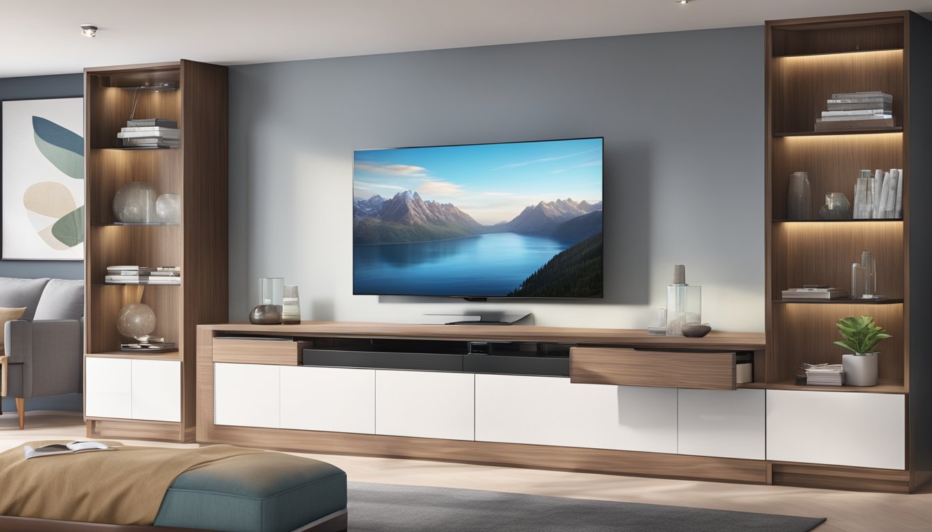 A hand reaches out to open a sleek, modern TV console cabinet with glass doors, revealing neatly organized shelves and compartments for media equipment