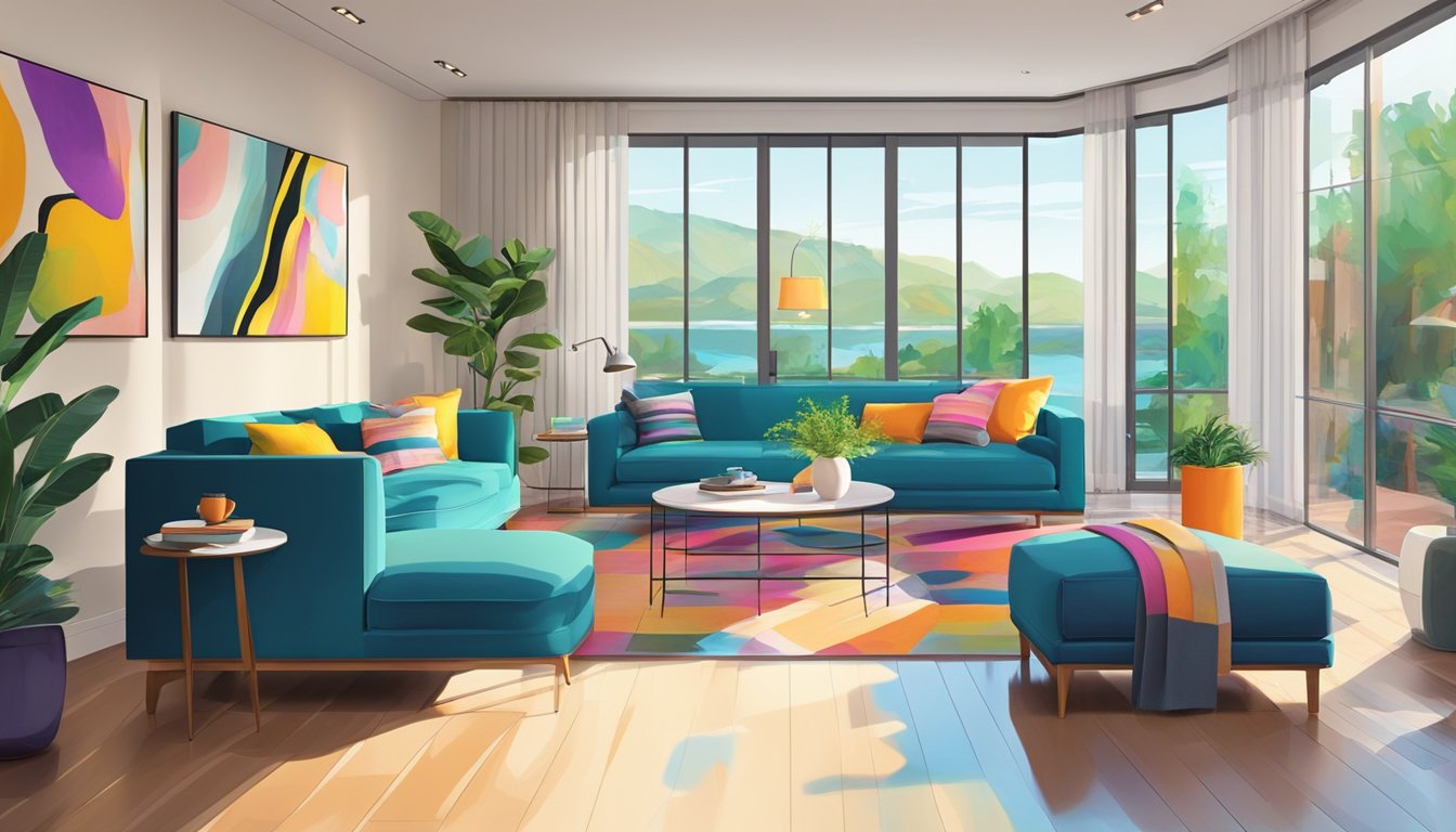 Vibrant colors and modern furniture fill a spacious living room, with abstract art adorning the walls and natural light streaming in from large windows
