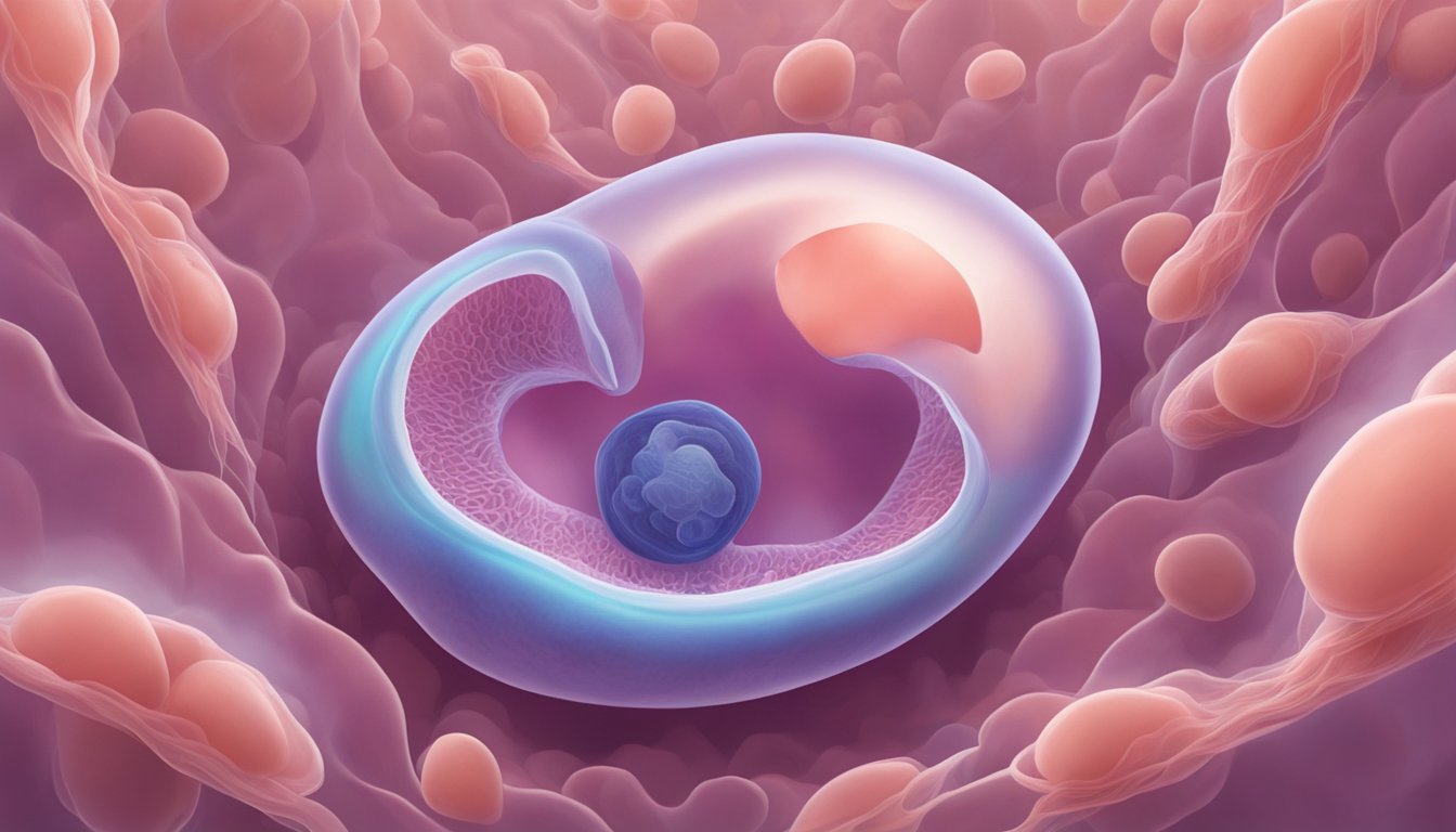A small embryo floats in the amniotic sac, with a tiny heart beating rapidly at 7 weeks gestation