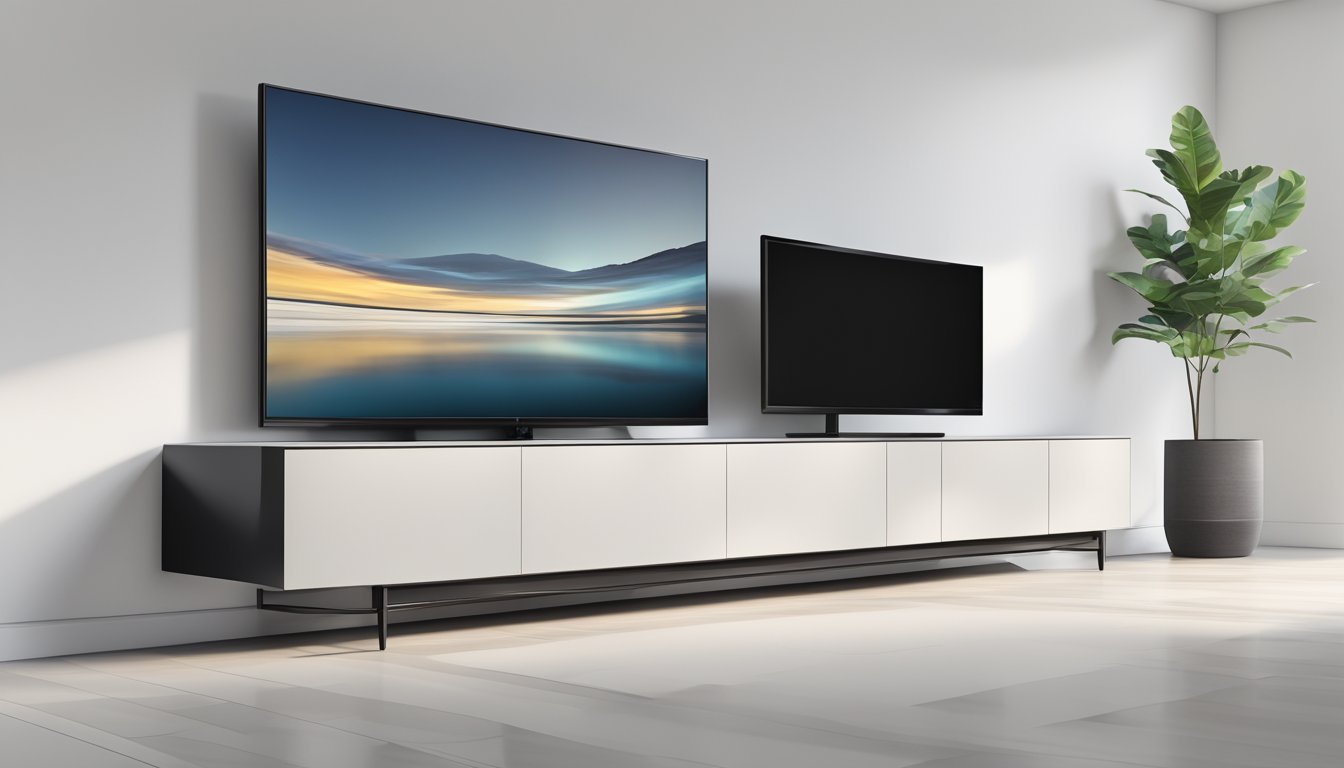 A sleek, modern tv console cabinet sits against a clean, white wall, with space for electronic devices and storage compartments