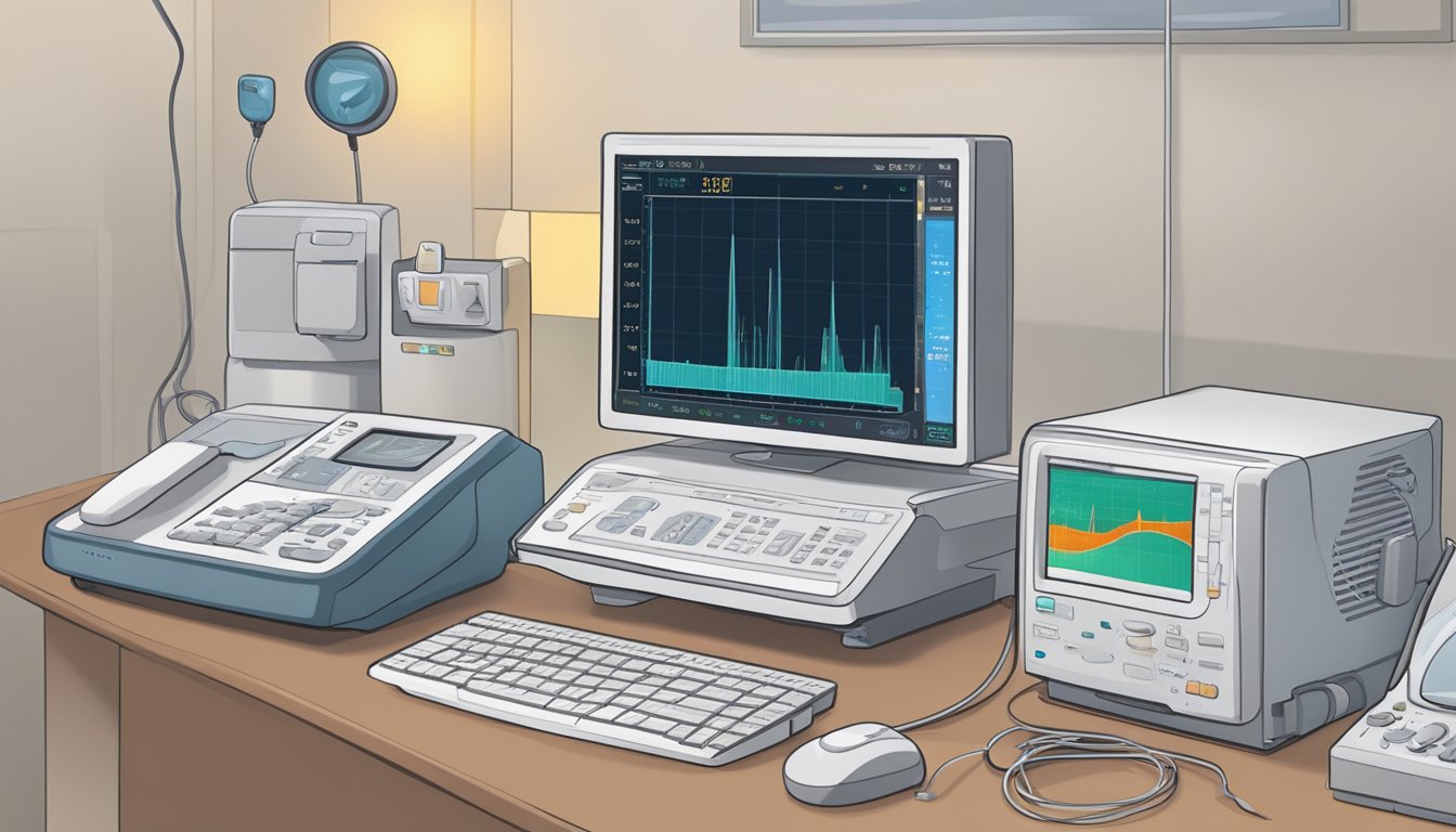 A small monitor displays a fetal heart rate at 7 weeks. A doppler ultrasound machine and a computer are nearby