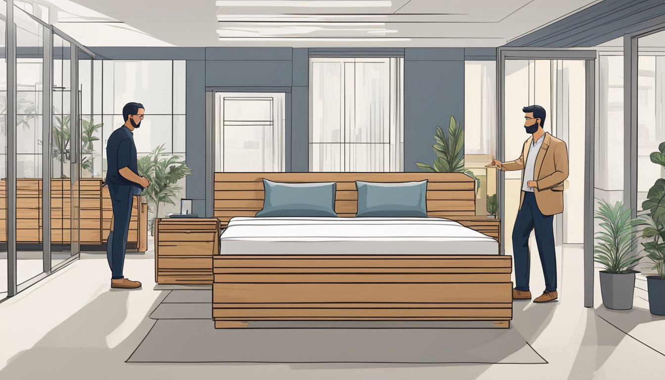 A customer selects a wooden bed frame in a showroom, discussing price, delivery, and aftercare options with a salesperson