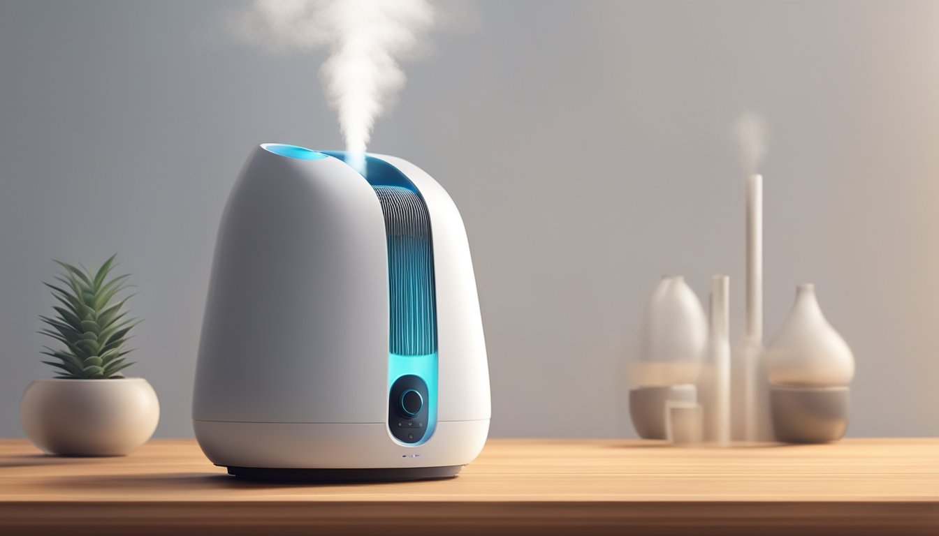 A humidifier and purifier sit on a wooden table, emitting a soft mist and clean air into the room