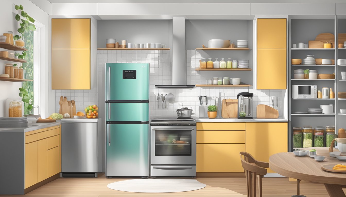 A modern kitchen with a sleek, stainless steel refrigerator prominently displayed, surrounded by various food items and kitchen utensils