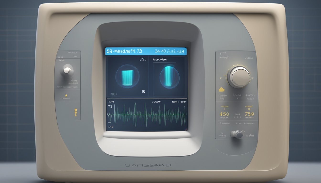 A small, round ultrasound monitor displays a clear image of a 7-week-old fetus, with a pulsing heartbeat visible on the screen