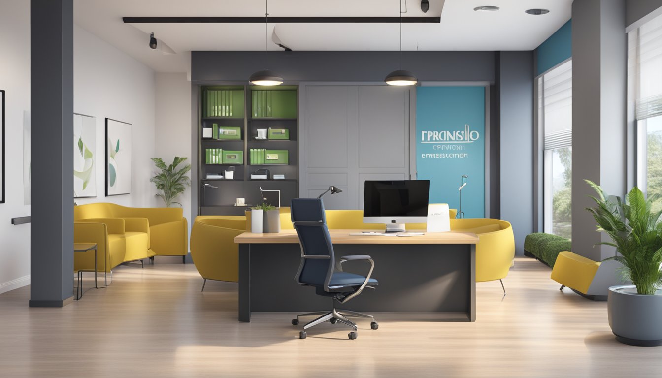 A modern office space with sleek furniture, stylish decor, and a friendly reception area. The company logo prominently displayed on the wall