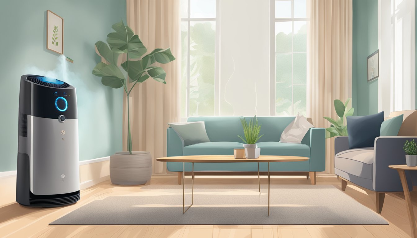 A humidifier and purifier sit side by side, emitting clean, moist air into a cozy living room