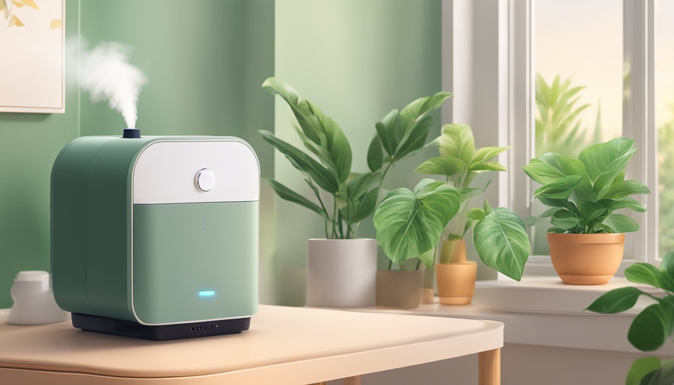A modern living room with a sleek, compact humidifier and air purifier placed strategically on a side table, surrounded by green plants and soft lighting
