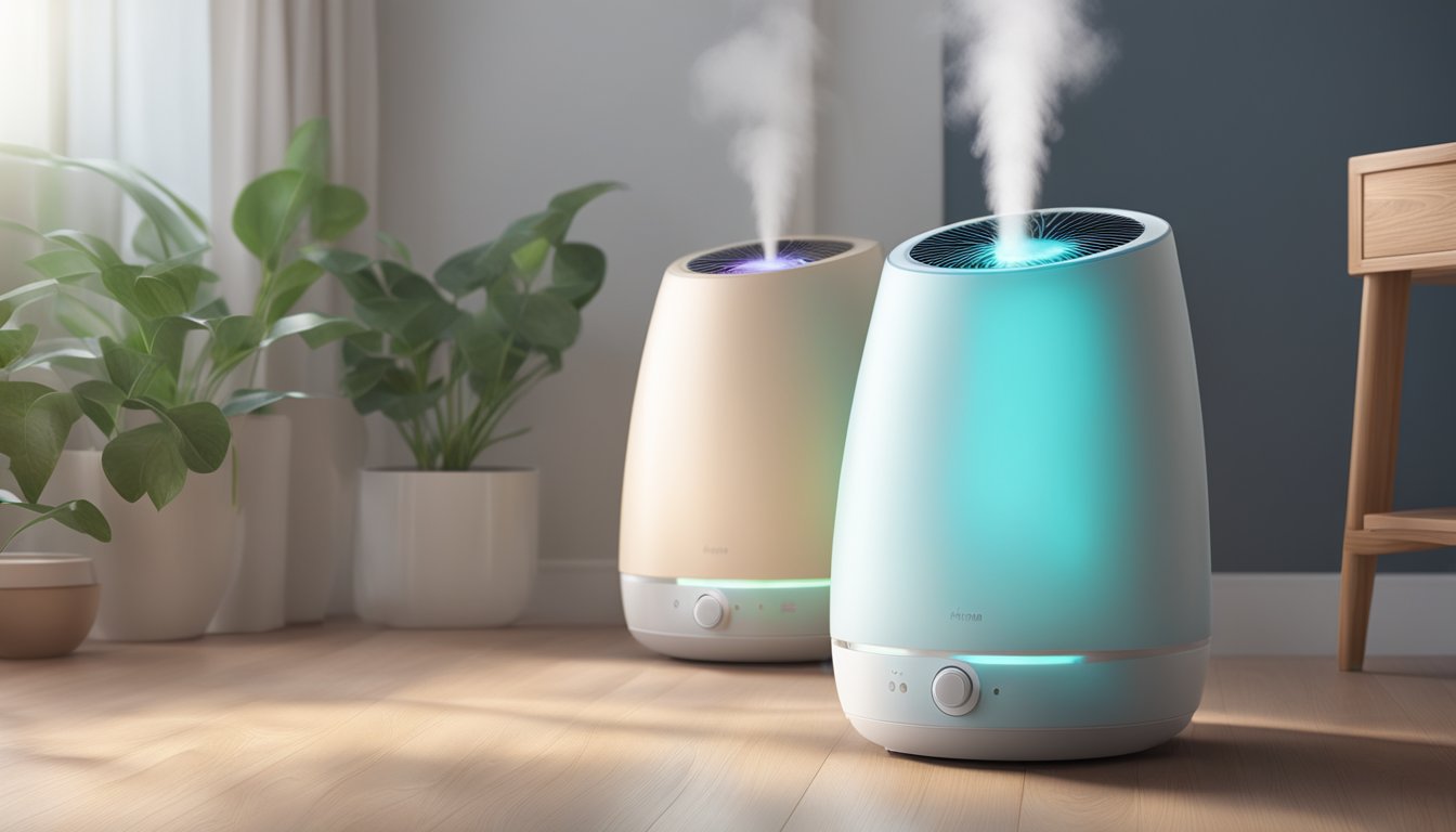 A humidifier and purifier sit side by side, emitting gentle mist and clean air. A soft glow illuminates the room, creating a peaceful and serene atmosphere