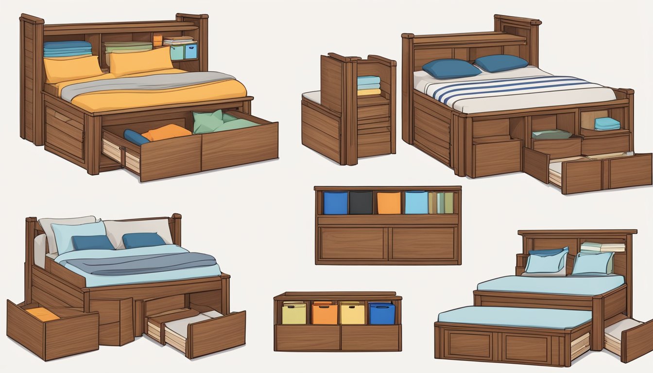 A sturdy wooden bed frame with built-in storage compartments underneath, neatly organized with blankets and pillows