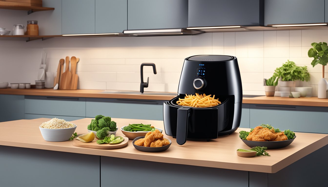 An air fryer sits on a sleek kitchen countertop in a modern Singaporean home, surrounded by ingredients and utensils, emitting a warm and inviting glow