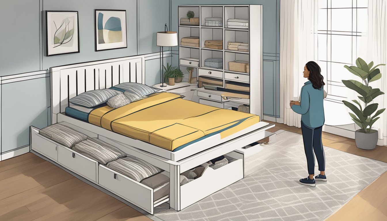 A person selects a bed frame with built-in storage, comparing different designs and features