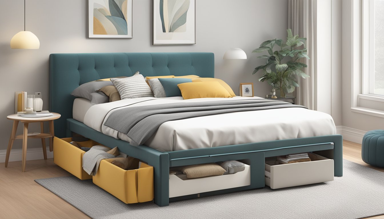 A bed frame with built-in storage compartments, neatly organized with folded blankets, pillows, and other items