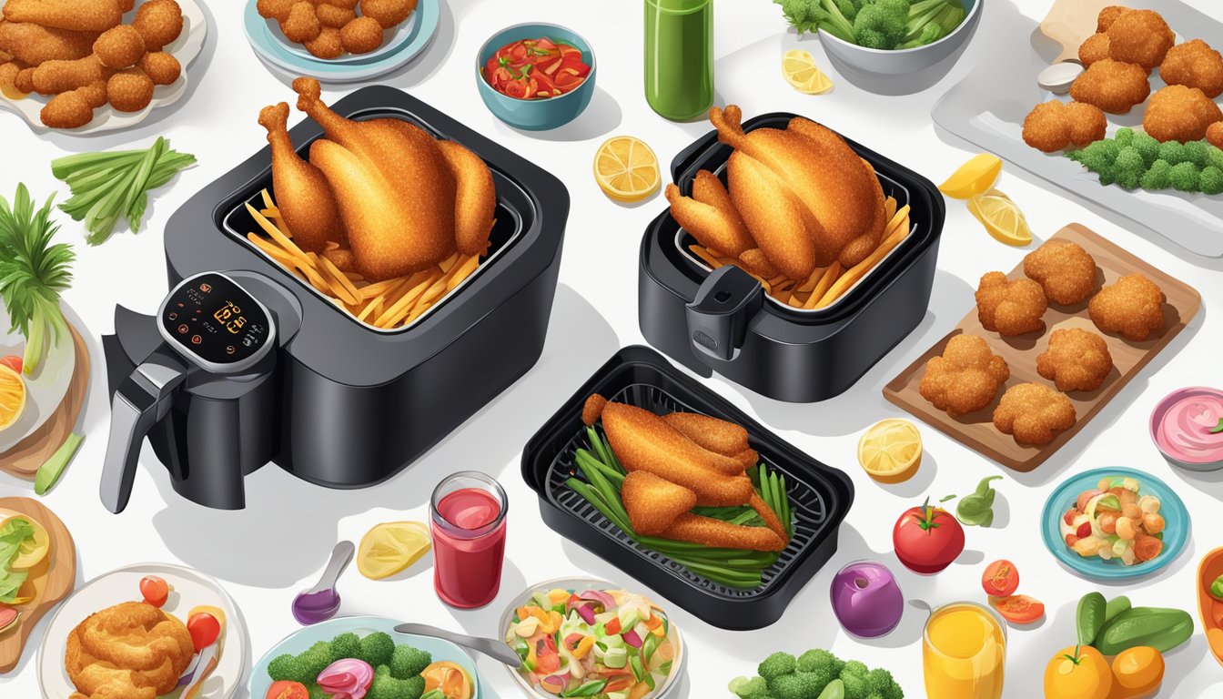A sizzling air fryer cooks up a feast of crispy delights, surrounded by a colorful array of fresh ingredients and kitchen utensils