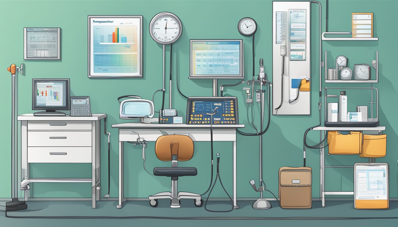A heart health screening station with a sign displaying "Frequently Asked Questions" and medical equipment such as blood pressure cuff and stethoscope