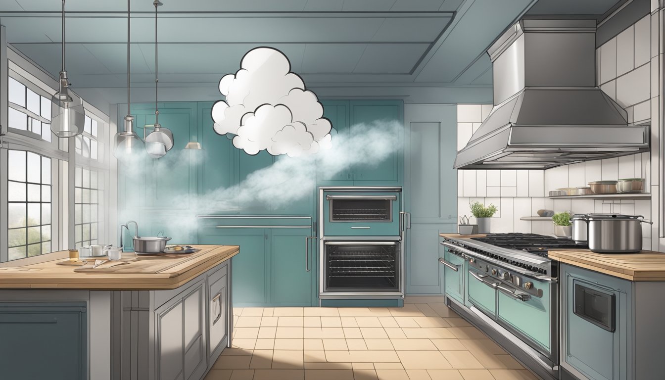 A steam oven releasing billowing clouds of steam as it cooks food, with a digital display showing the temperature and timer settings. A glass door allows a view of the interior with trays of food
