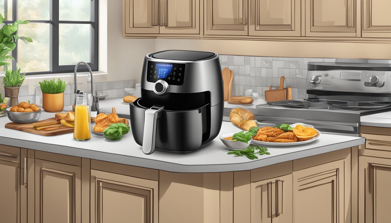 A modern kitchen with an air fryer on the countertop, surrounded by various ingredients and utensils. A banner with "Frequently Asked Questions" about air fryers is displayed prominently