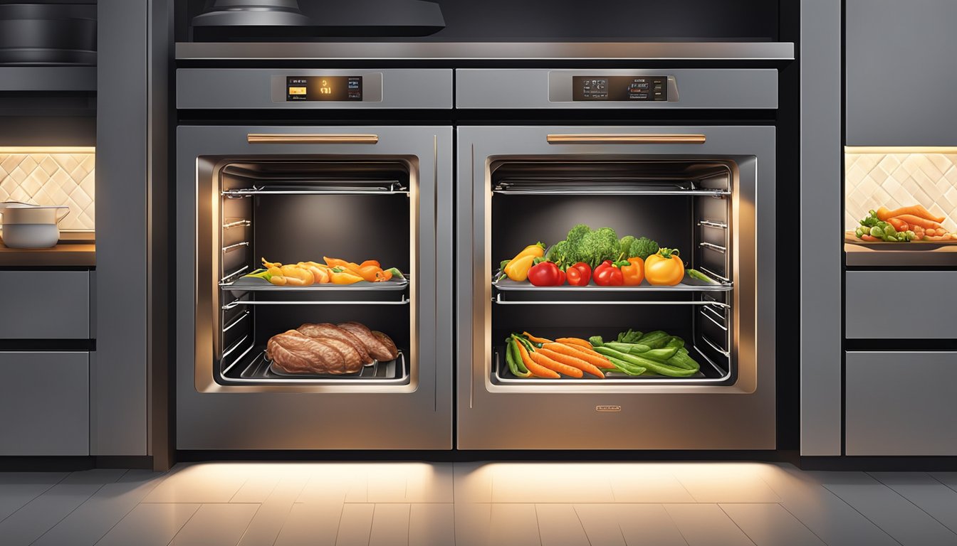 Fresh vegetables and seasoned meats arranged on trays inside a sleek steam oven, surrounded by the warm glow of the appliance's interior