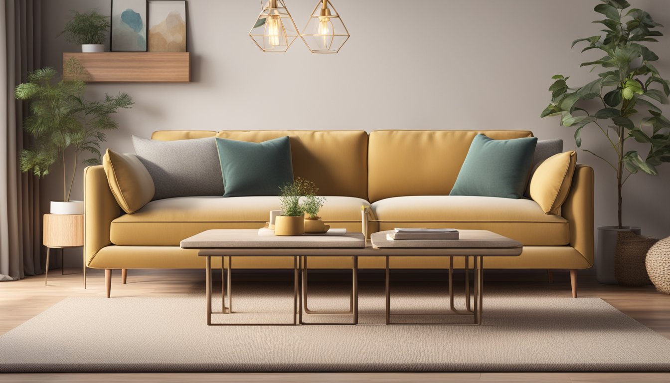 A 3-seater sofa with plush cushions and sturdy frame, placed in a cozy living room with warm lighting and a soft rug