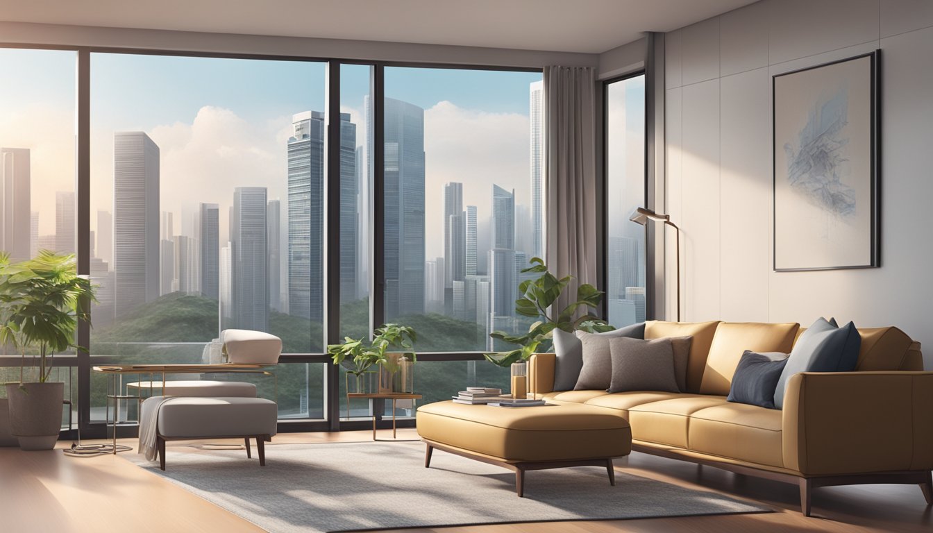 A modern air conditioning unit hums quietly, surrounded by sleek furniture and a panoramic city view in a Singaporean high-rise apartment