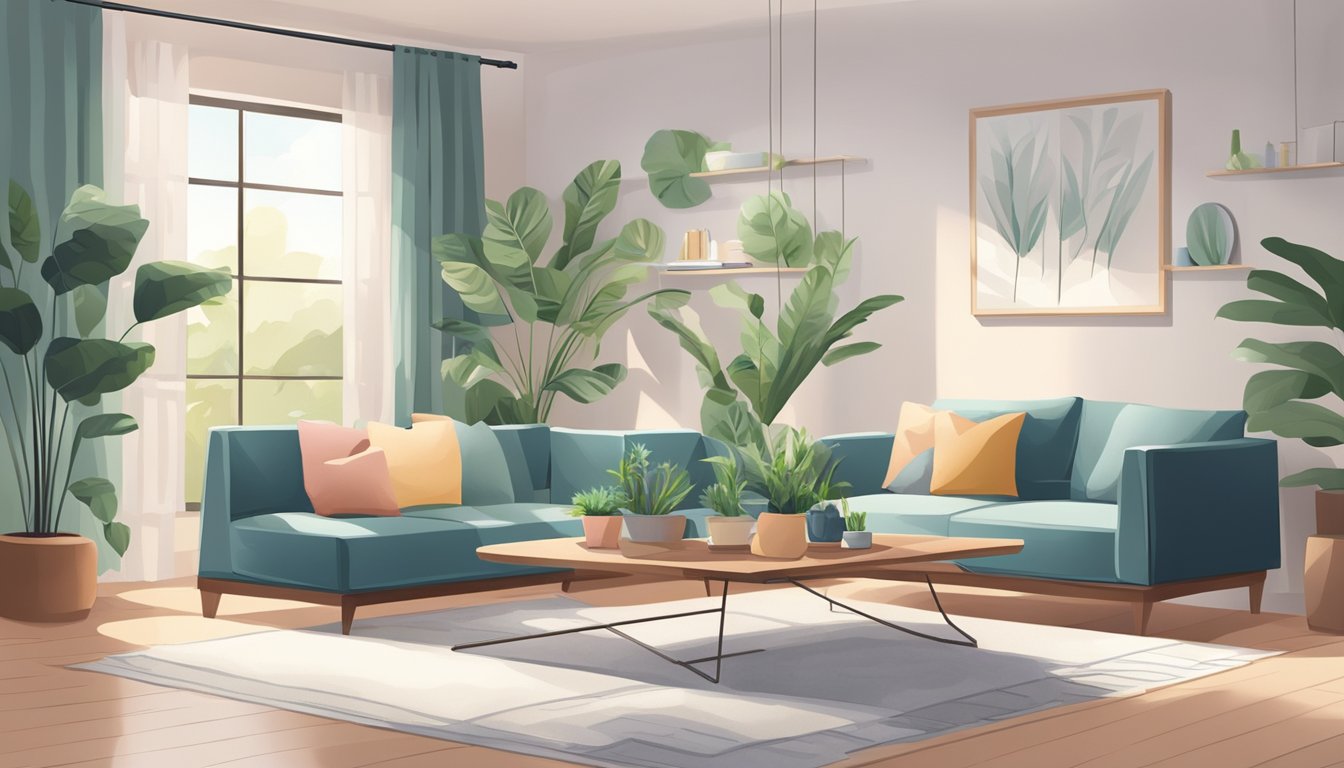 A modern, sleek air conditioning unit sits in a well-lit room, surrounded by comfortable furniture and plants, creating a cozy and inviting atmosphere