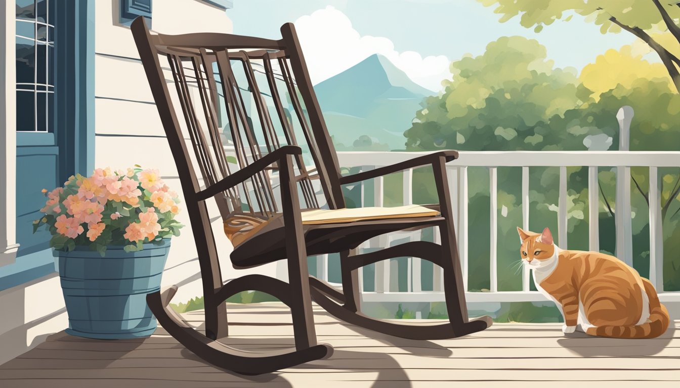 A rocking chair sits on a porch, gently swaying in the breeze. A book and a cup of tea rest on the armrest, while a cat naps on the seat