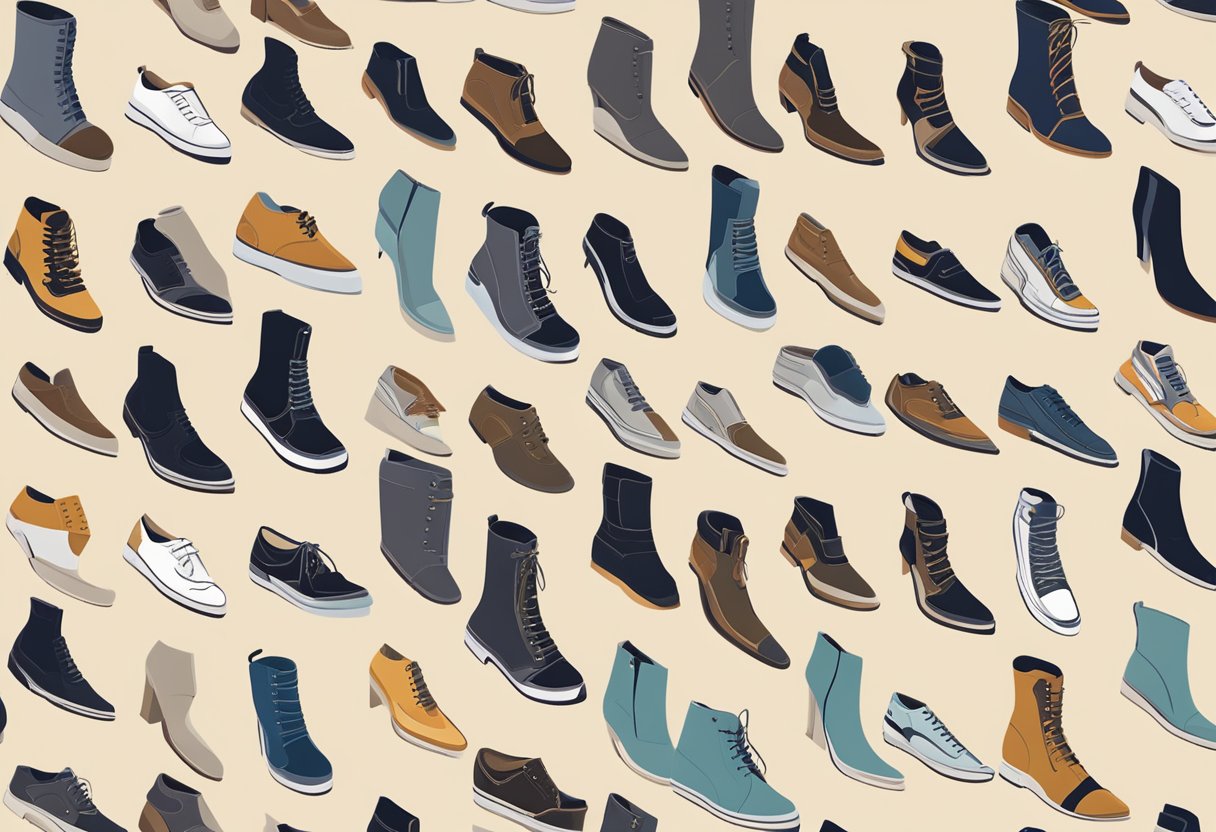 A variety of shoe styles arranged next to different body type silhouettes