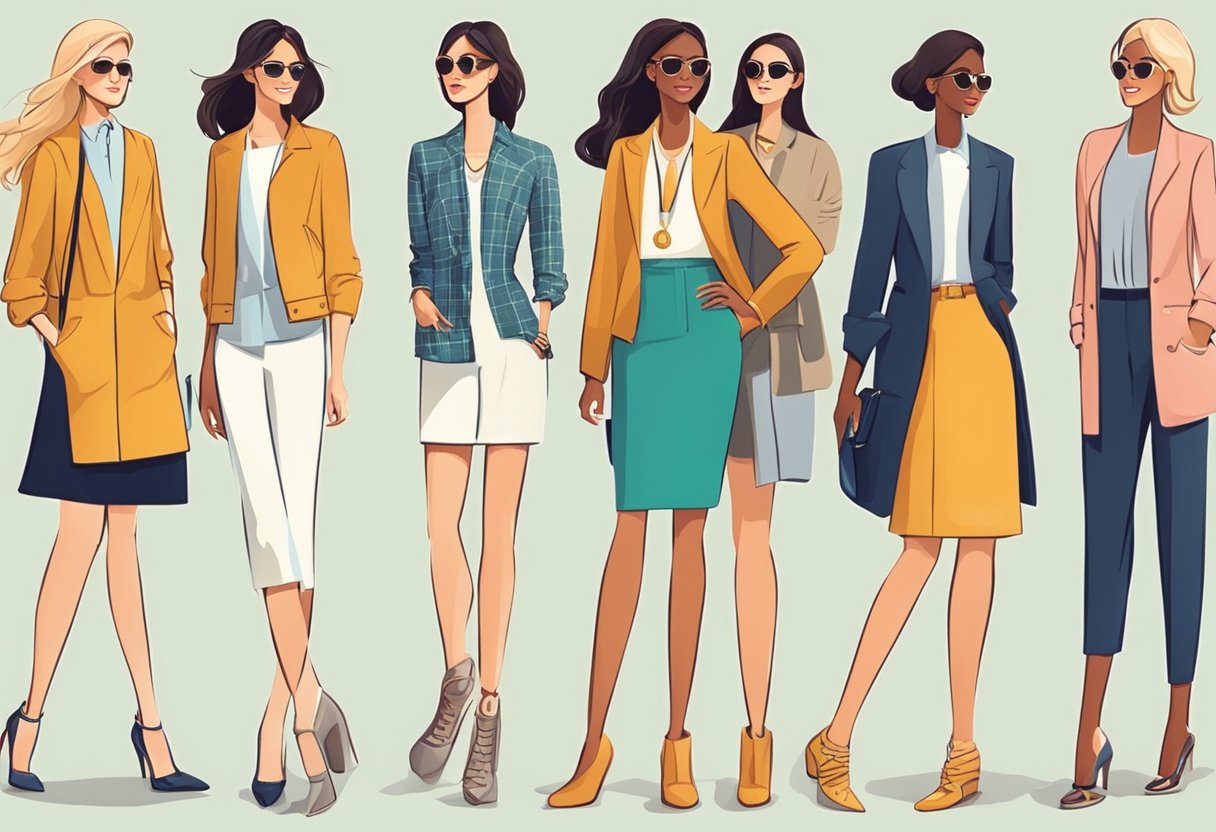 Tall, slender figure with various shoe styles: heels, wedges, and ankle boots. Illustrate different designs and colors to complement body type