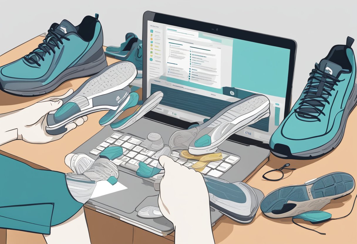 A table with various running shoes, a person holding a shoe to inspect the sole, a laptop open to a running shoe review website, and a list of factors to consider (comfort, support, cushioning, fit, durability)