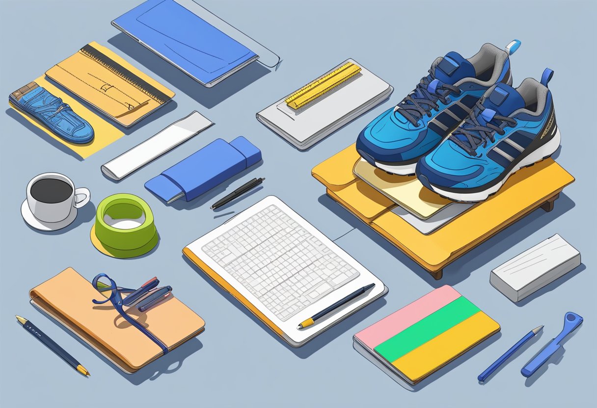 A table with various running shoe models, a ruler, and a notepad for measurements. An open laptop displaying running shoe design principles