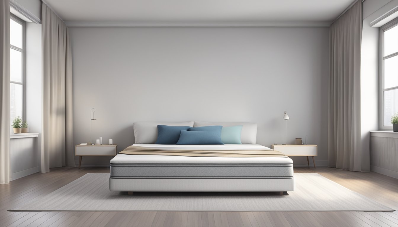 A single mattress sits in the center of a bare room, with no sheets or pillows, against a plain white wall