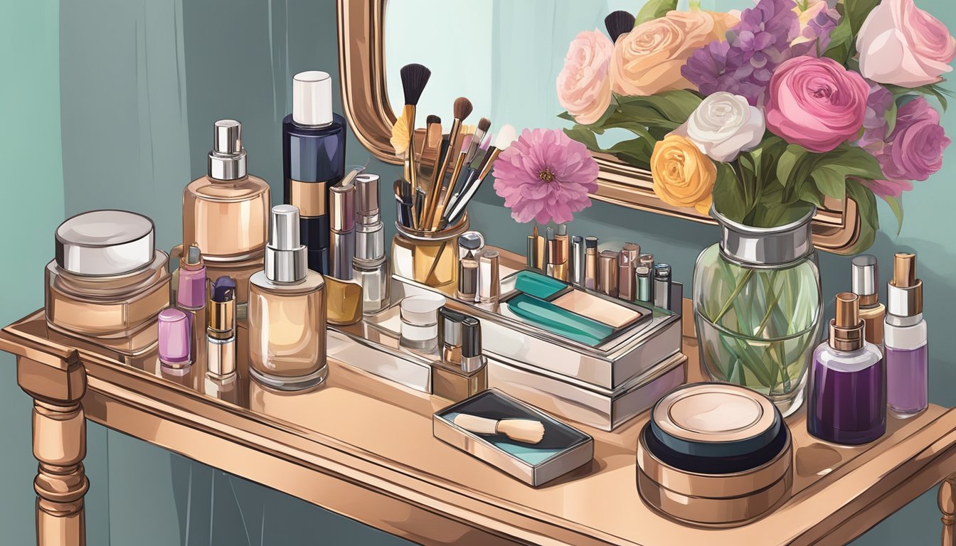 A cluttered vanity table with a mirror, makeup brushes, perfume bottles, and a jewelry box. A vase of fresh flowers sits next to a vintage hand mirror