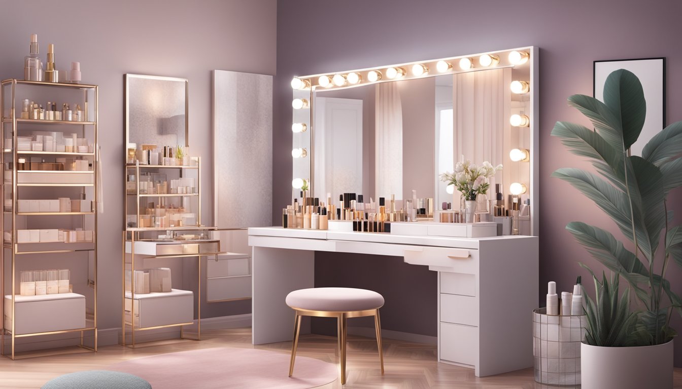 A sleek vanity table with a large mirror, soft lighting, and a variety of compartments and drawers for organizing beauty products