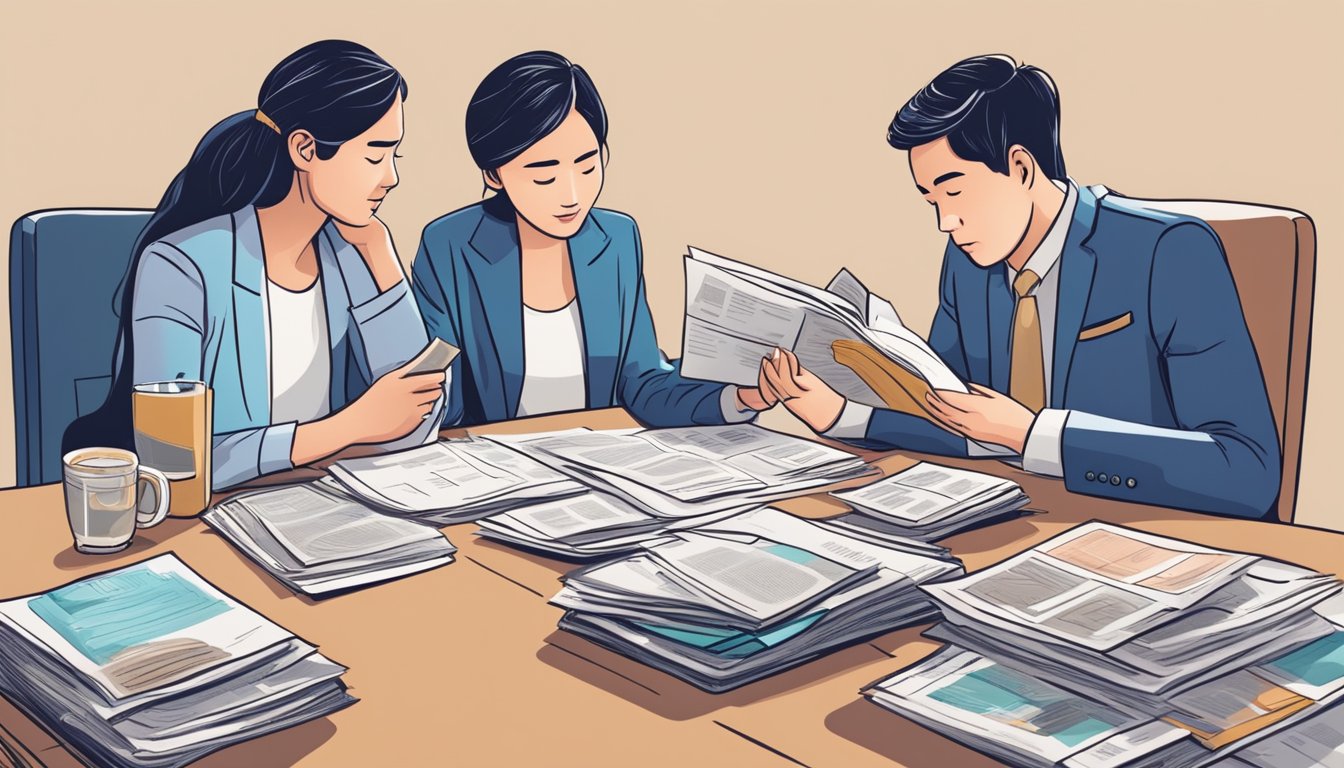 A couple sits at a table, surrounded by wedding magazines and financial documents. They appear stressed as they discuss the option of getting a wedding loan in Singapore