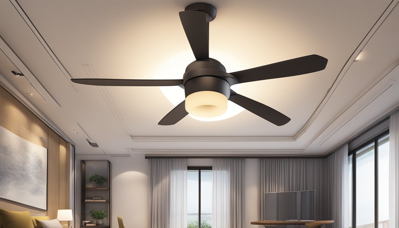 A ceiling fan with a built-in light fixture hangs from the center of a room in Singapore, slowly rotating and casting a soft glow on the surrounding space