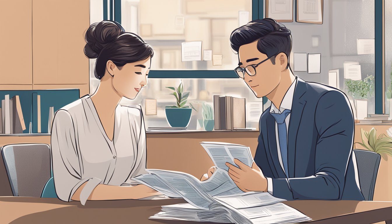 A couple sits at a table, surrounded by wedding magazines and financial documents. They appear to be discussing the option of getting a wedding loan in Singapore