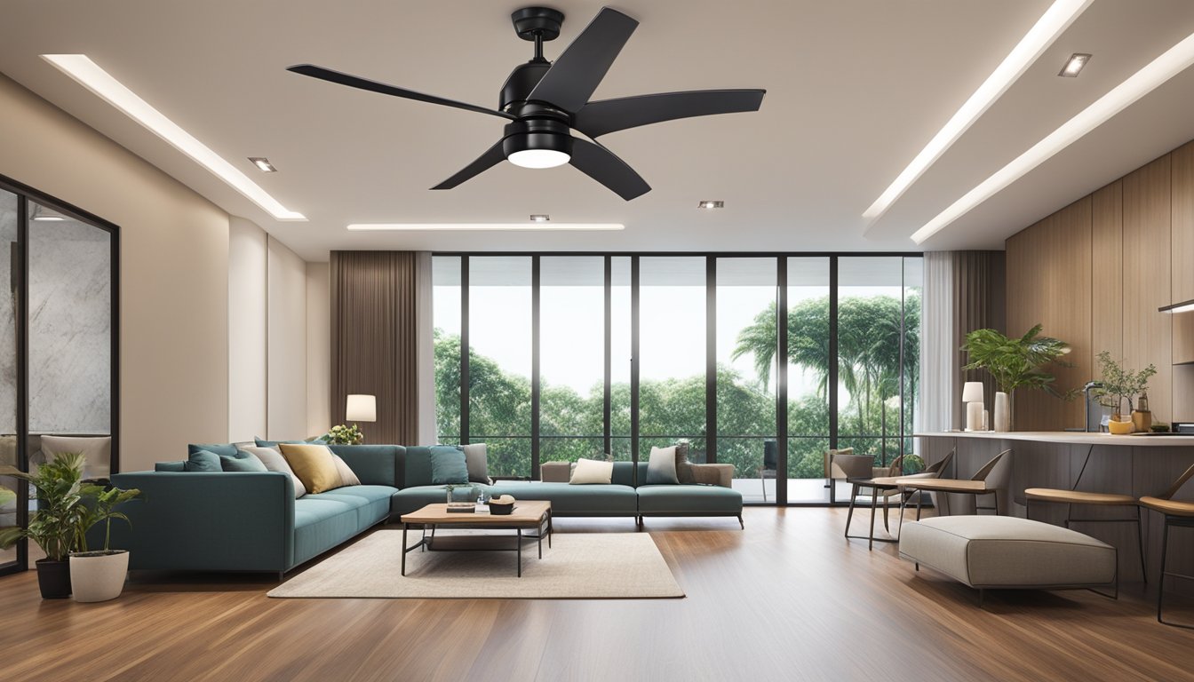 A modern ceiling fan with integrated lighting hangs from a high ceiling in a stylish Singapore home. The fan's sleek design and energy-efficient features make it a perfect addition to any room