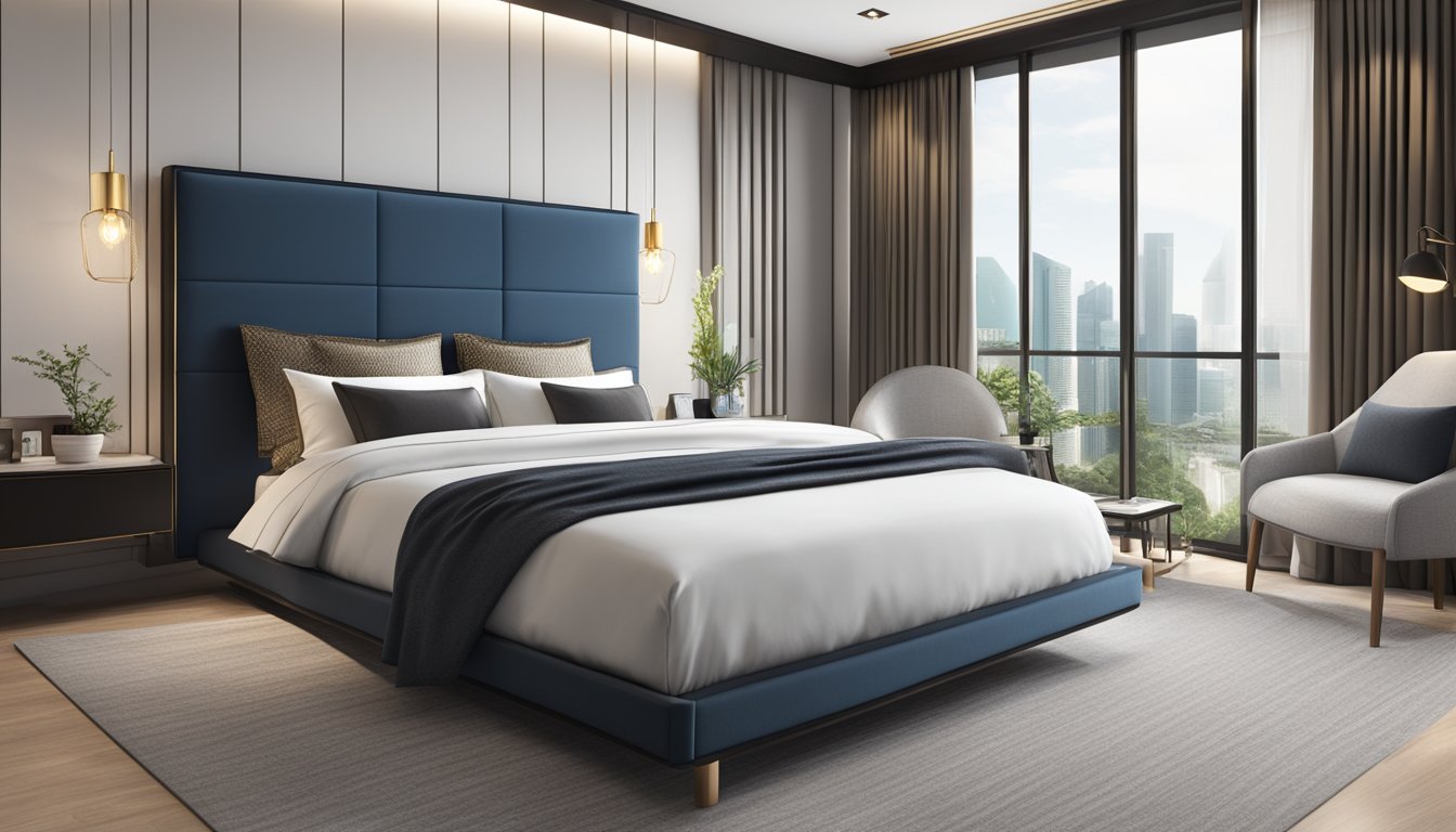 A luxurious king size bed in a modern Singapore bedroom, with crisp white linens, plush pillows, and a sleek headboard