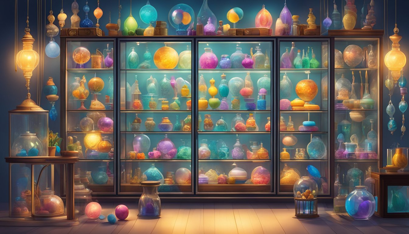 A glass display cabinet filled with colorful objects and trinkets, illuminated by soft lighting from above